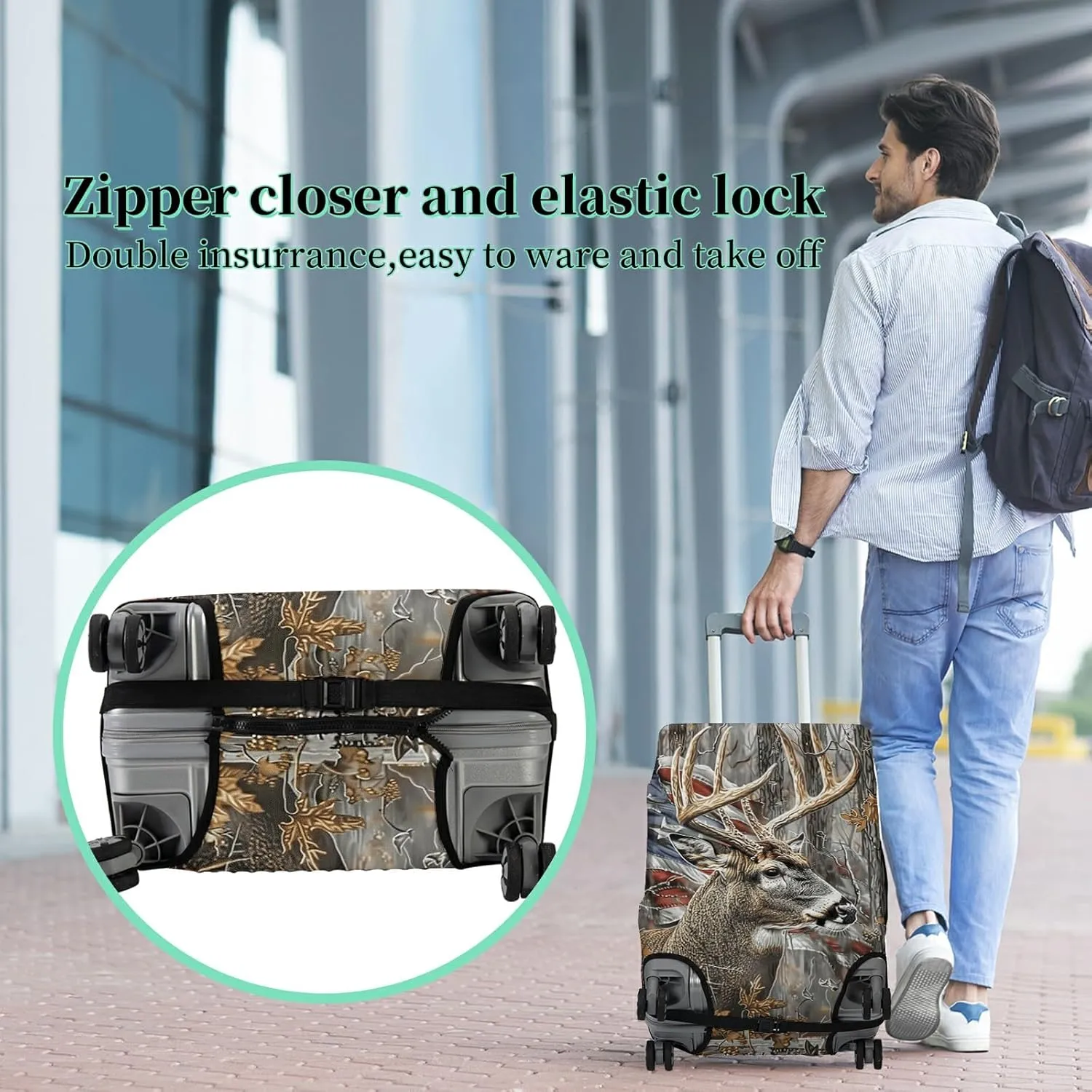 Luggage Cover Suitcase Protector   Tag, Camo Deer Flag Travel Suitcase Cover for 20 inch Luggage (S) with Concealed Zipper Washable Elastic Cloth Dustproof Anti-Scratch