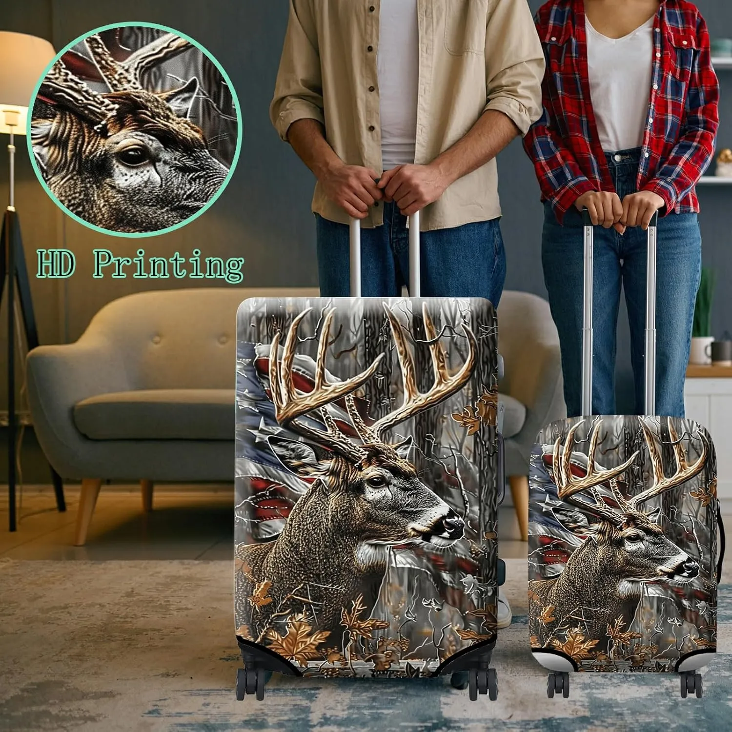 Luggage Cover Suitcase Protector   Tag, Camo Deer Flag Travel Suitcase Cover for 20 inch Luggage (S) with Concealed Zipper Washable Elastic Cloth Dustproof Anti-Scratch