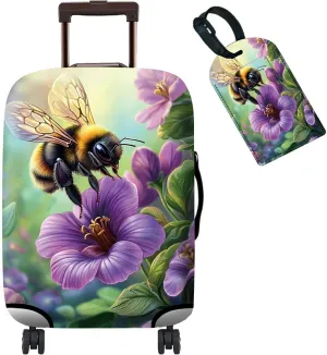 Luggage Cover   Tag, Bee Purple Flowers Travel Suitcase Cover for 18-20 inch Luggage (S) with Concealed Zipper, Washable Elastic Cloth, Dustproof, Anti-Scratch