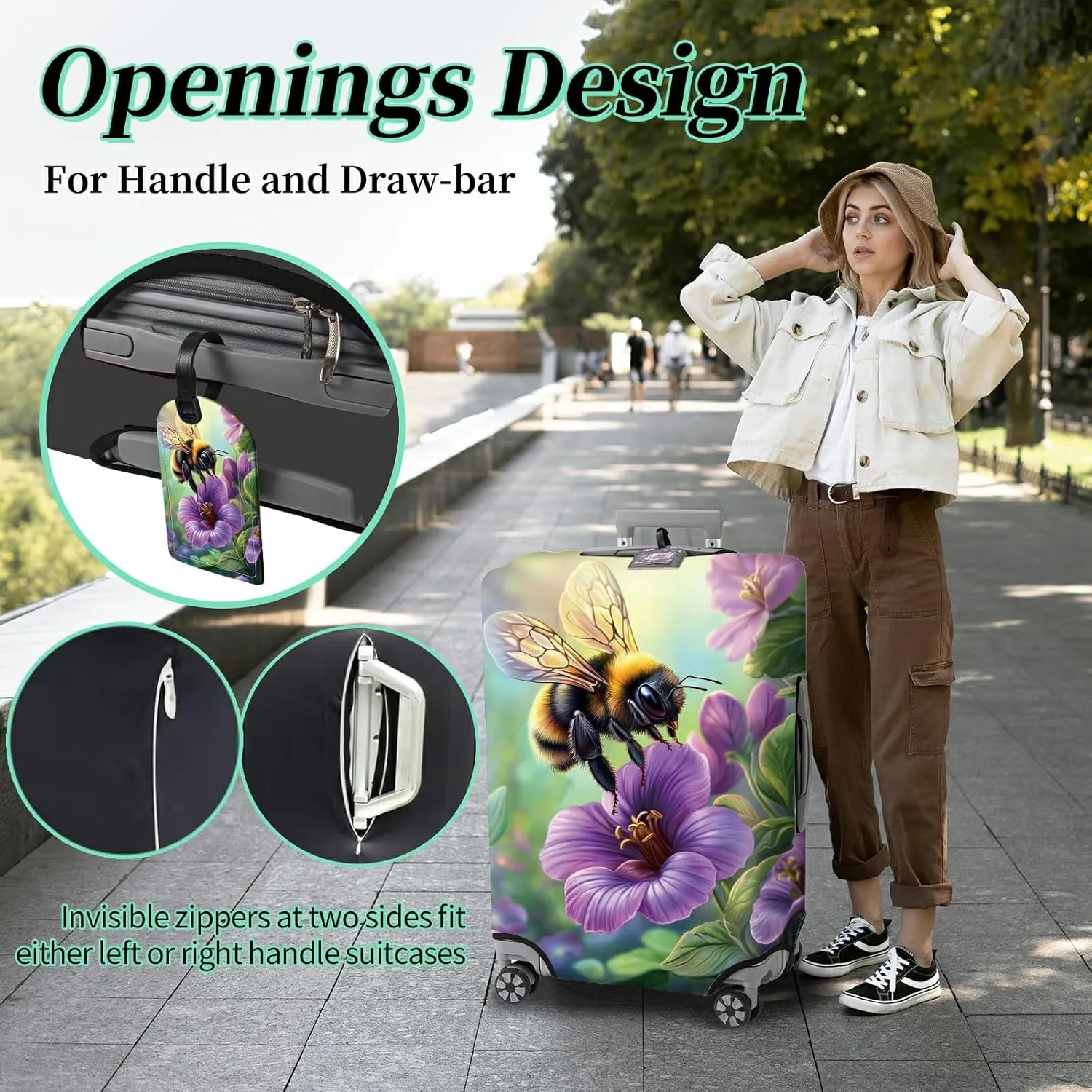 Luggage Cover   Tag, Bee Purple Flowers Travel Suitcase Cover for 29-30 inch Luggage (XL) with Concealed Zipper, Washable Elastic Cloth, Dustproof, Anti-Scratch