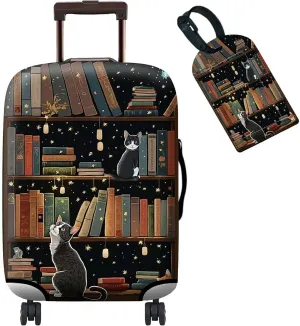 Luggage Cover   Tag, Cat Library Travel Suitcase Protector for 18-20 inch Luggage (S) with Concealed Zipper, Washable Elastic Cloth, Dustproof, Anti-Scratch