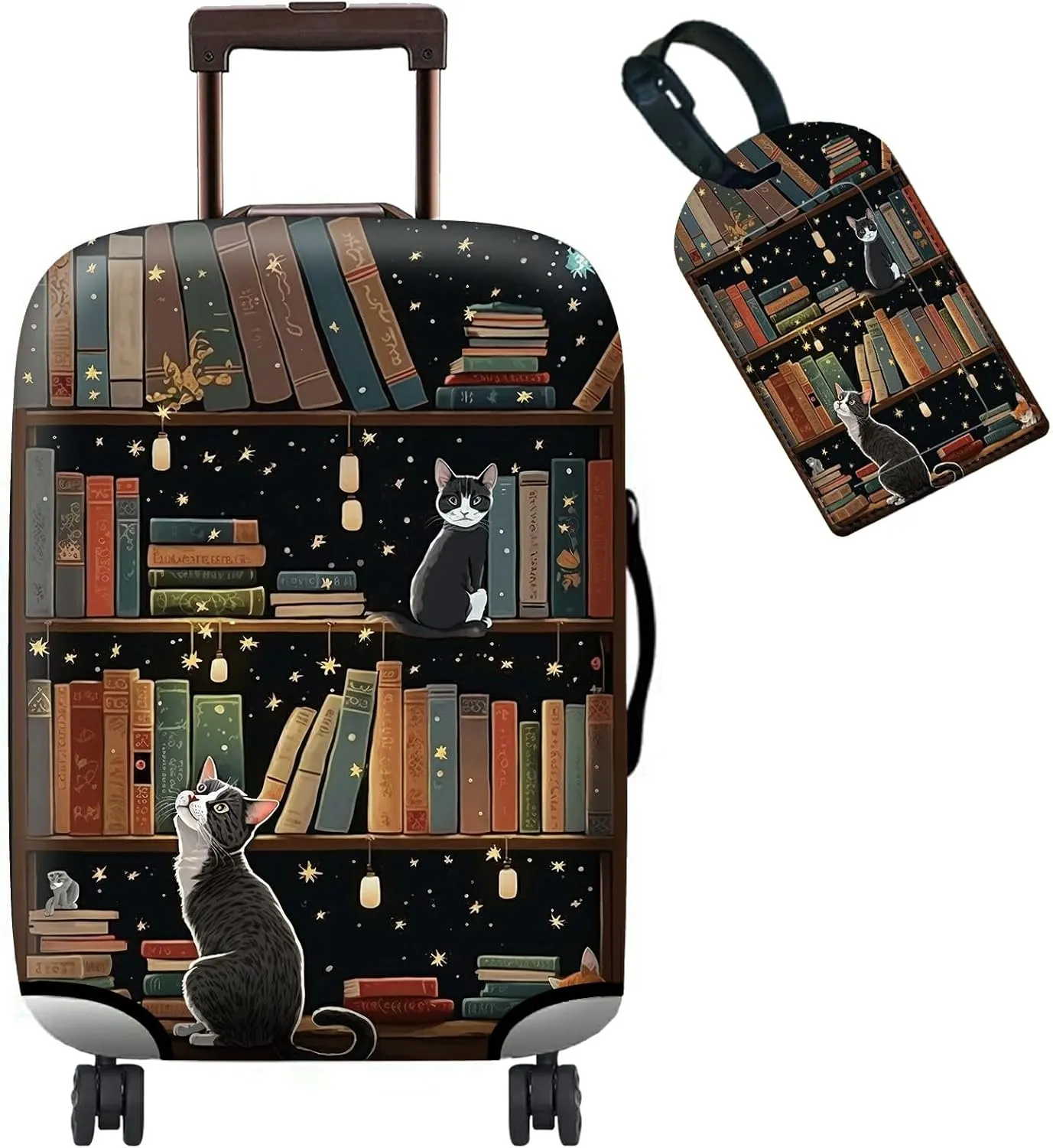 Luggage Cover   Tag, Cat Library Travel Suitcase Protector for 18-20 inch Luggage (S) with Concealed Zipper, Washable Elastic Cloth, Dustproof, Anti-Scratch