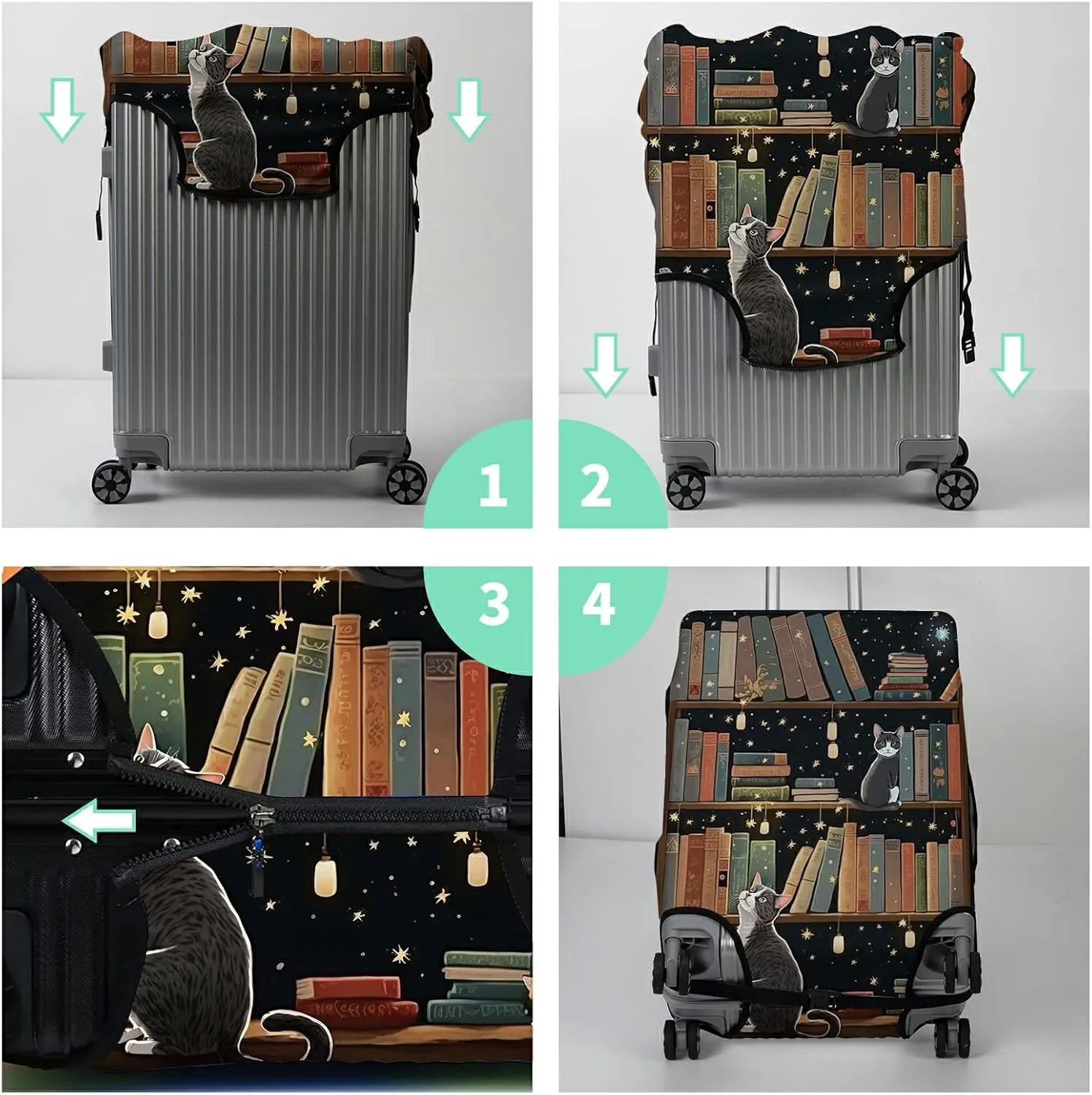 Luggage Cover   Tag, Cat Library Travel Suitcase Protector for 18-20 inch Luggage (S) with Concealed Zipper, Washable Elastic Cloth, Dustproof, Anti-Scratch