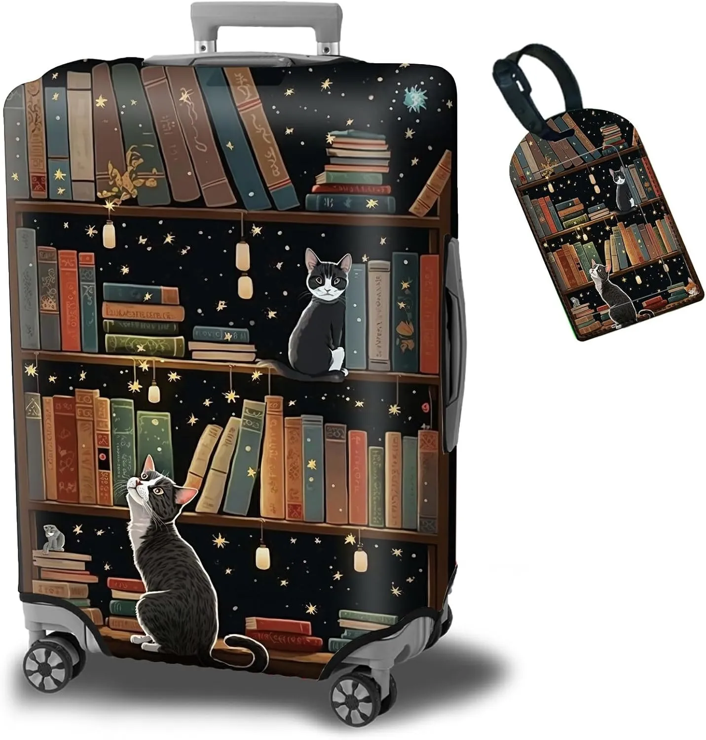 Luggage Cover   Tag, Cat Library Travel Suitcase Protector for 30 inch Luggage (XL) with Concealed Zipper, Washable Elastic Cloth, Dustproof, Anti-Scratch