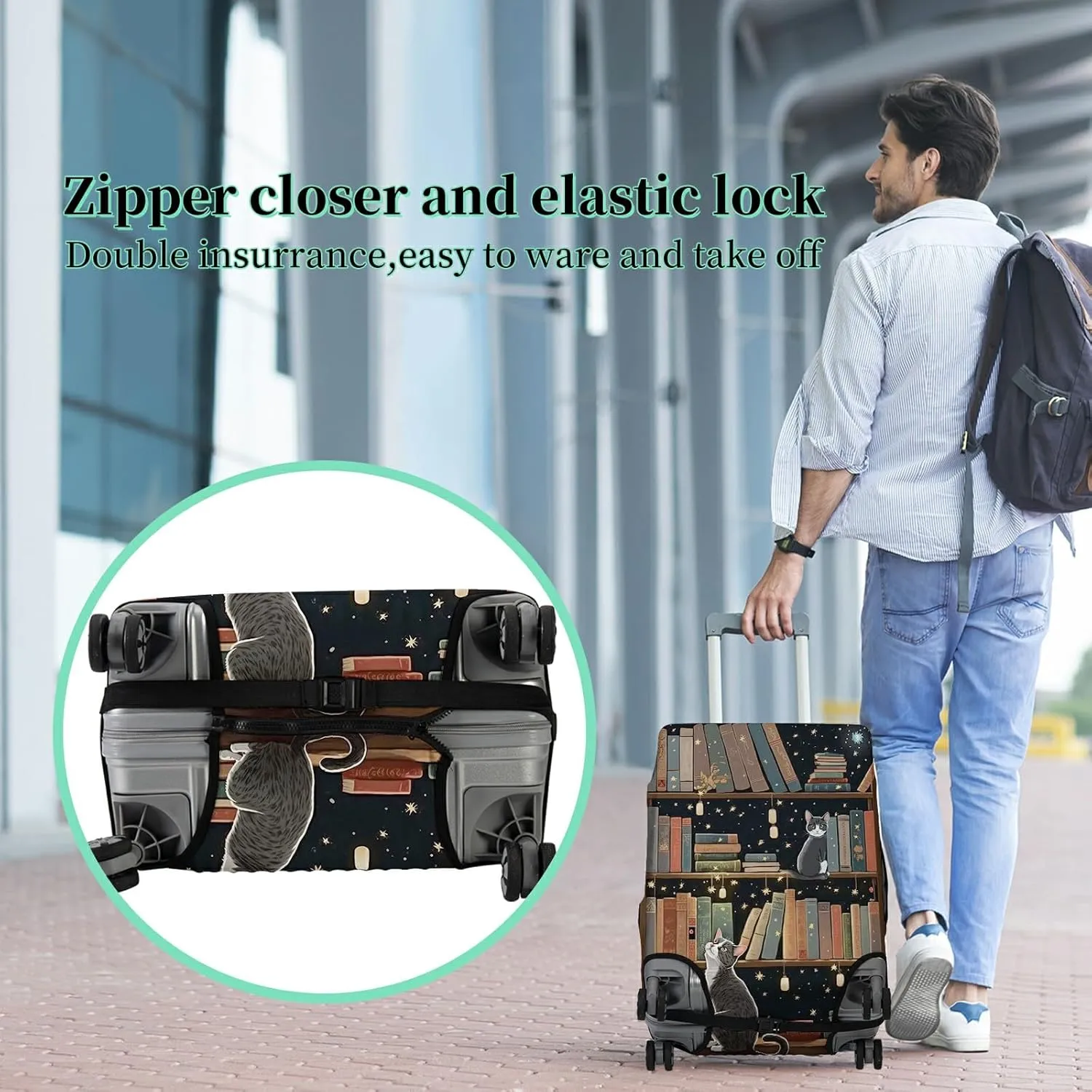 Luggage Cover   Tag, Cat Library Travel Suitcase Protector for 30 inch Luggage (XL) with Concealed Zipper, Washable Elastic Cloth, Dustproof, Anti-Scratch
