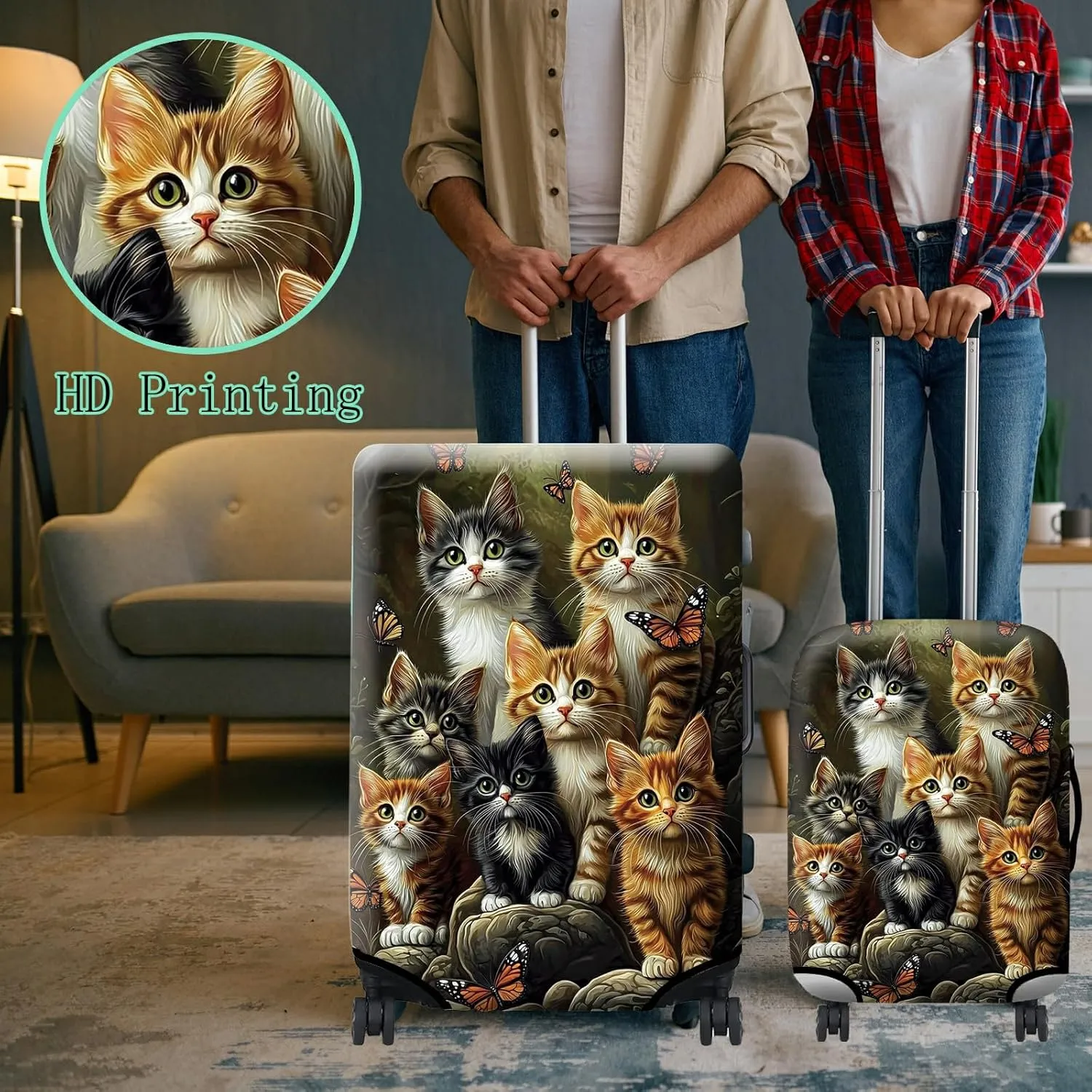 Luggage Cover   Tag, Cats Family Travel Suitcase Protector for 29-30 inch Luggage (XL) with Concealed Zipper, Washable Elastic Cloth, Dustproof, Anti-Scratch