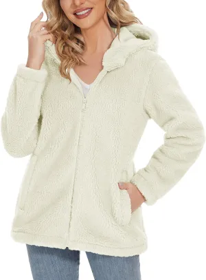 MAGCOMSEN Women's Sherpa Jacket Zip Up Hoodie Fuzzy Teddy Coat with Zipper Pockets Lightweight Fleece Lined Warm Winter Coat