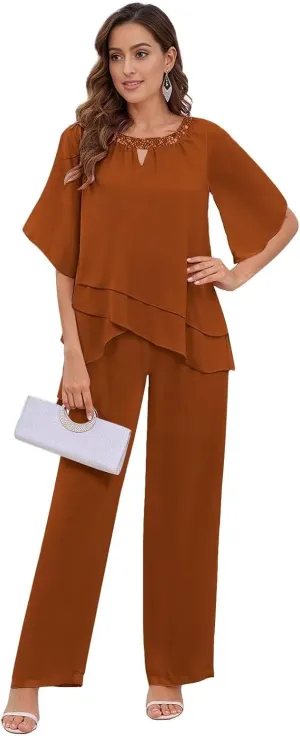 MAGGCIF 2 Pieces Mother of The Bride Pant Suits for Women Dressy Sets Ruffle Layers Chiffon Formal Wedding Guest Outfit