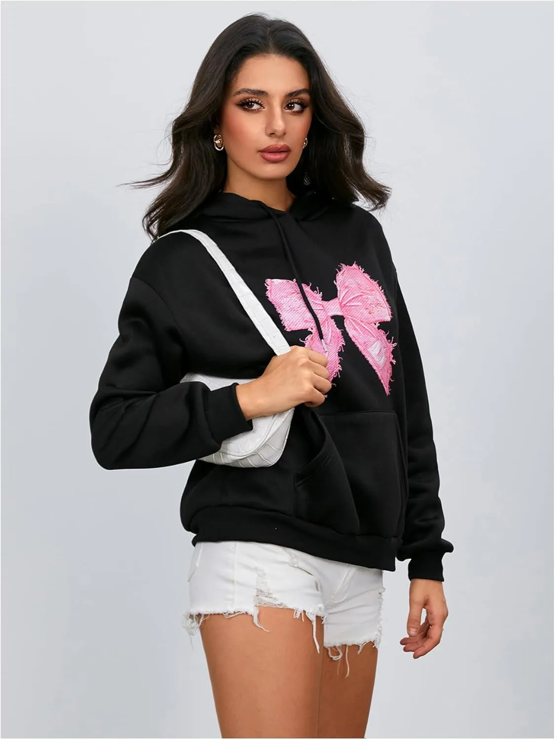MakeMeChic Women's Bow Printed Hooded Sweatshirt Long Sleeve Fall Pullover Hoodie with Pocket