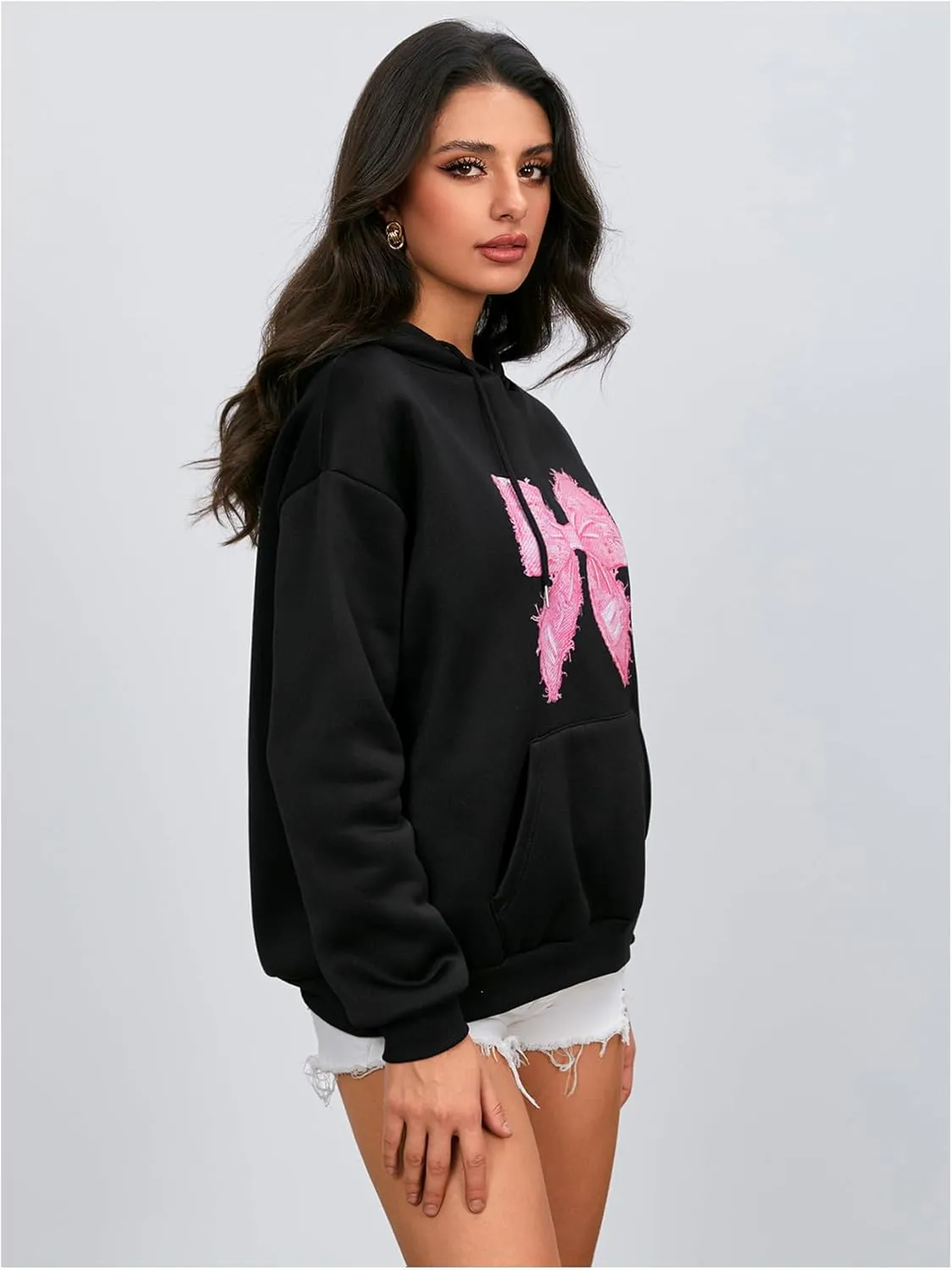 MakeMeChic Women's Bow Printed Hooded Sweatshirt Long Sleeve Fall Pullover Hoodie with Pocket