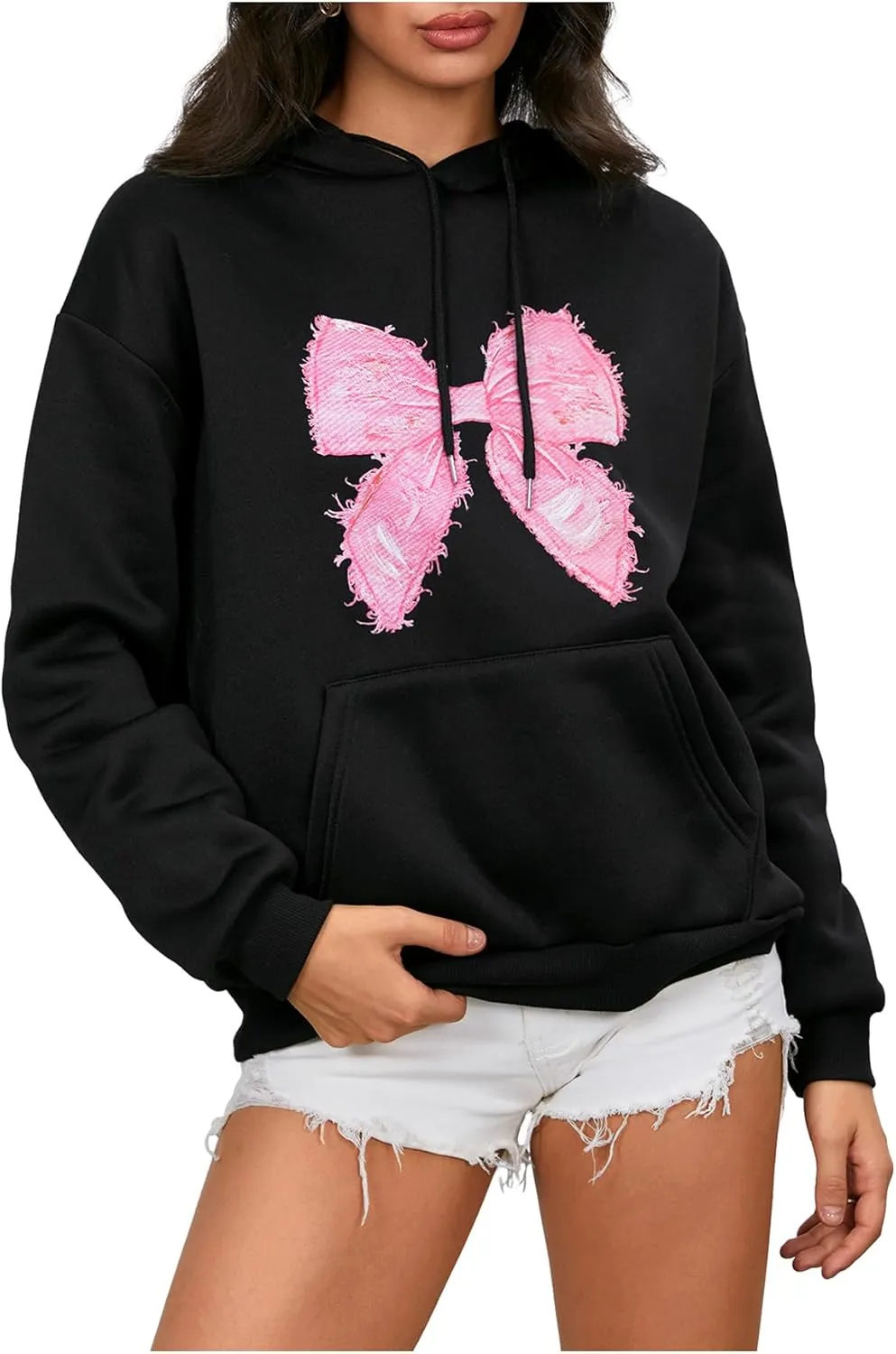 MakeMeChic Women's Bow Printed Hooded Sweatshirt Long Sleeve Fall Pullover Hoodie with Pocket