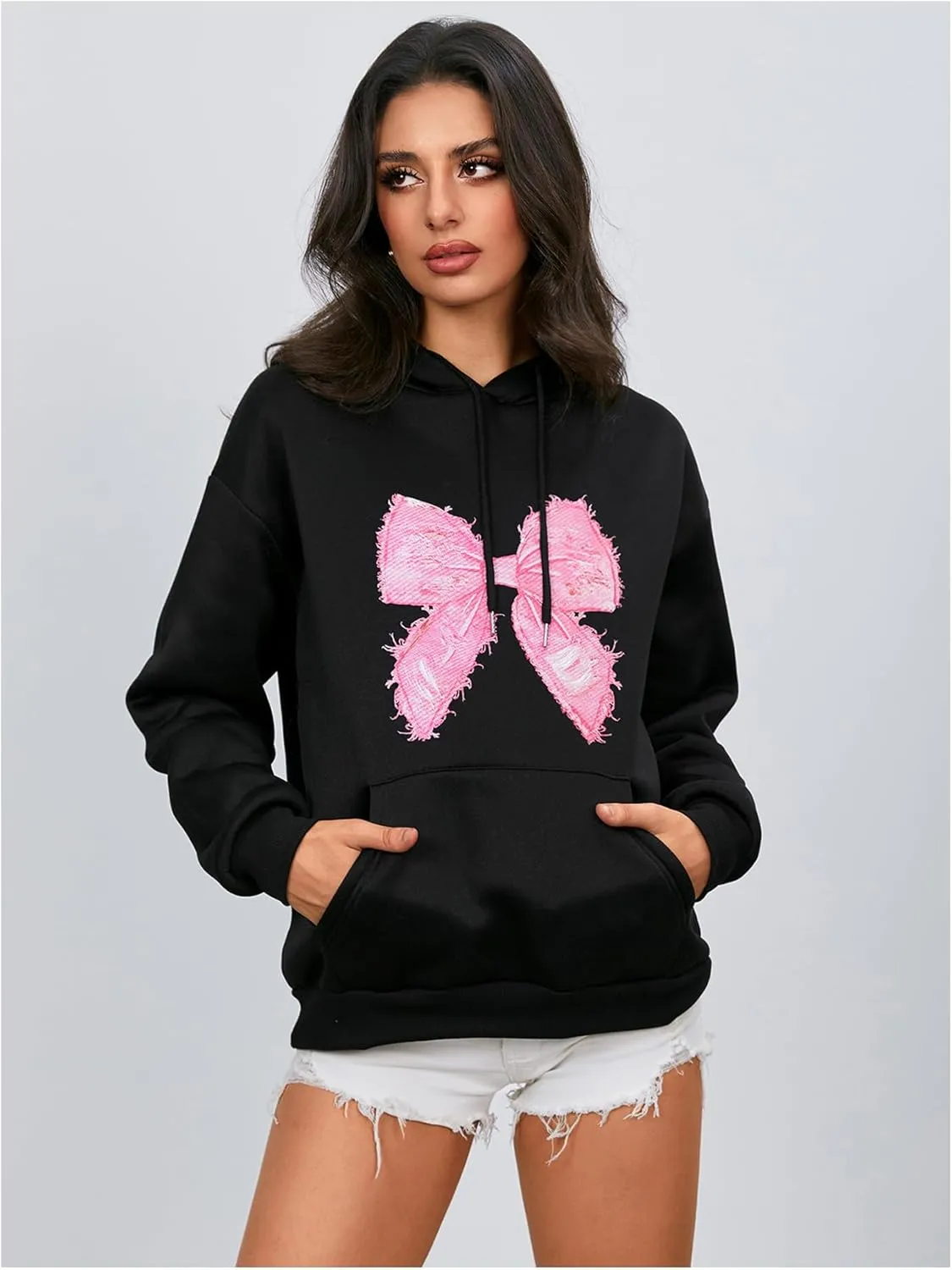 MakeMeChic Women's Bow Printed Hooded Sweatshirt Long Sleeve Fall Pullover Hoodie with Pocket