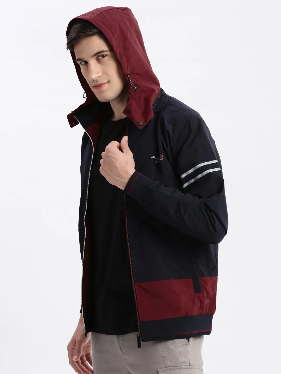 Men Colourblocked Mock Collar Navy Blue Bomber Jacket Comes with Detachable Hoodie