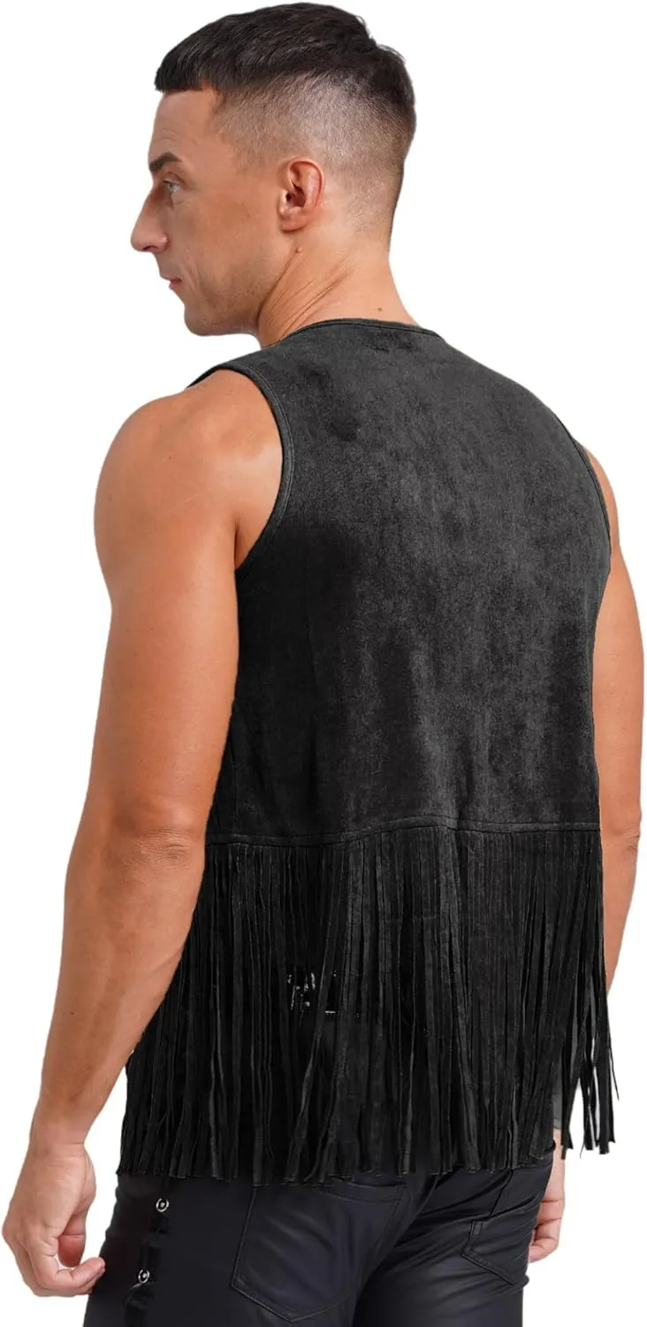 Men Cowboy Western Suede Leather Sleeveless Vest Jacket Fringe Gothic Steampunk Waistcoat Coat