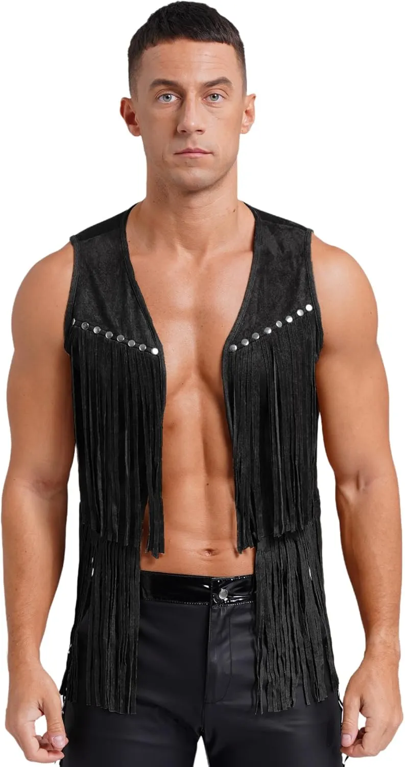 Men Cowboy Western Suede Leather Sleeveless Vest Jacket Fringe Gothic Steampunk Waistcoat Coat