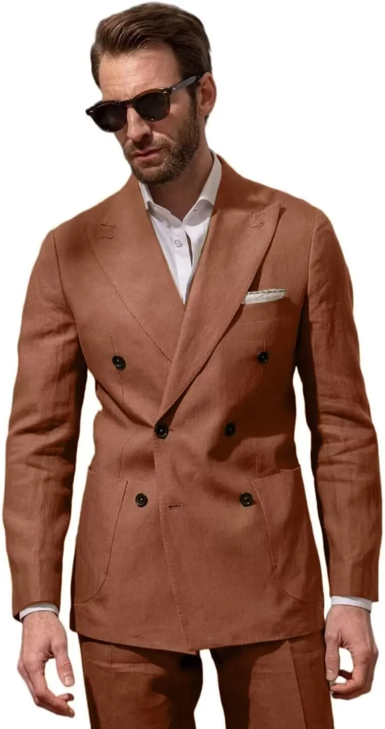 Men Double Breasted Linen Suits 2 Piece Suits for Men Summer Wedding Regular Fit Big and Tall Lightweight