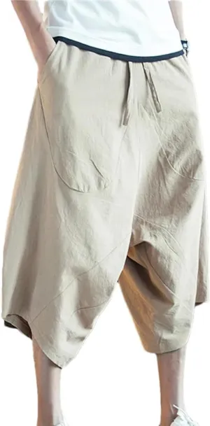 Men Harajuku Harem Pants Mens Summer Cotton Linen Joggers Pants Male Chinese Style Soild Color Calf-Lenght Trousers
