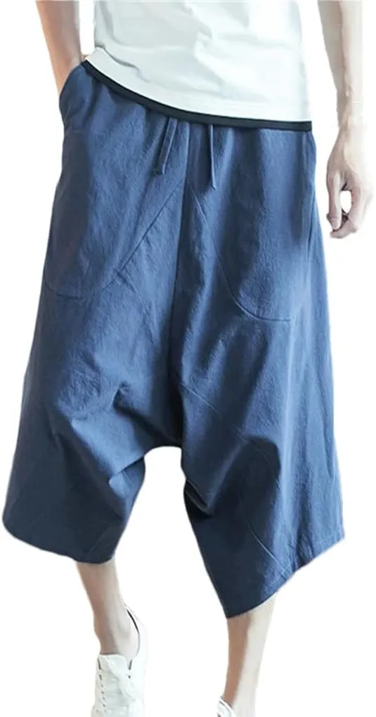 Men Harajuku Harem Pants Mens Summer Cotton Linen Joggers Pants Male Chinese Style Soild Color Calf-Lenght Trousers