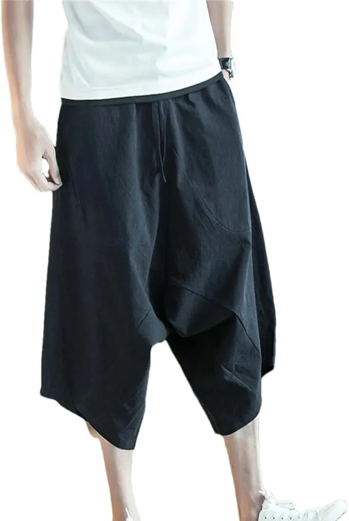 Men Harajuku Harem Pants Mens Summer Cotton Linen Joggers Pants Male Chinese Style Soild Color Calf-Lenght Trousers