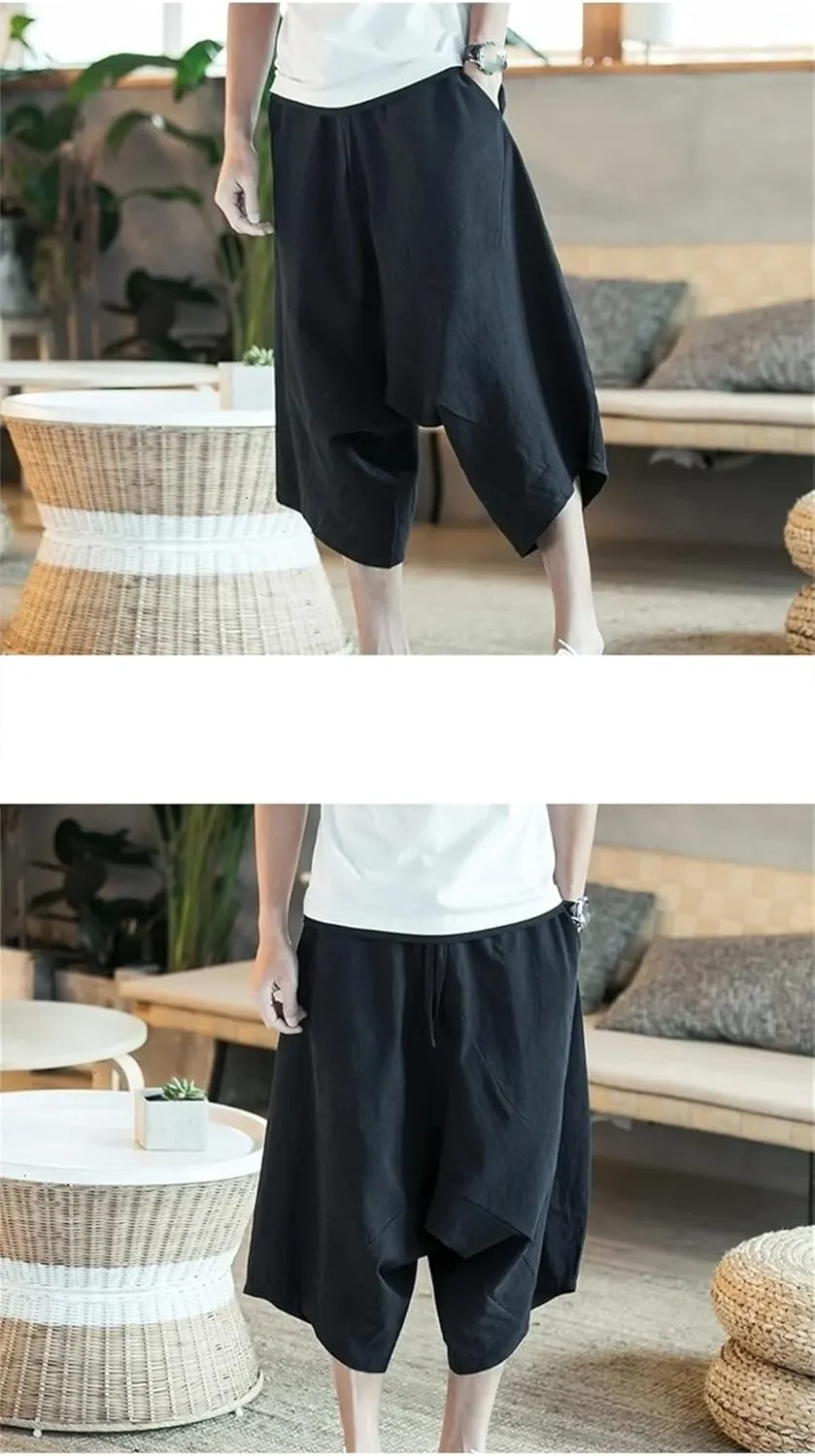 Men Harajuku Harem Pants Mens Summer Cotton Linen Joggers Pants Male Chinese Style Soild Color Calf-Lenght Trousers