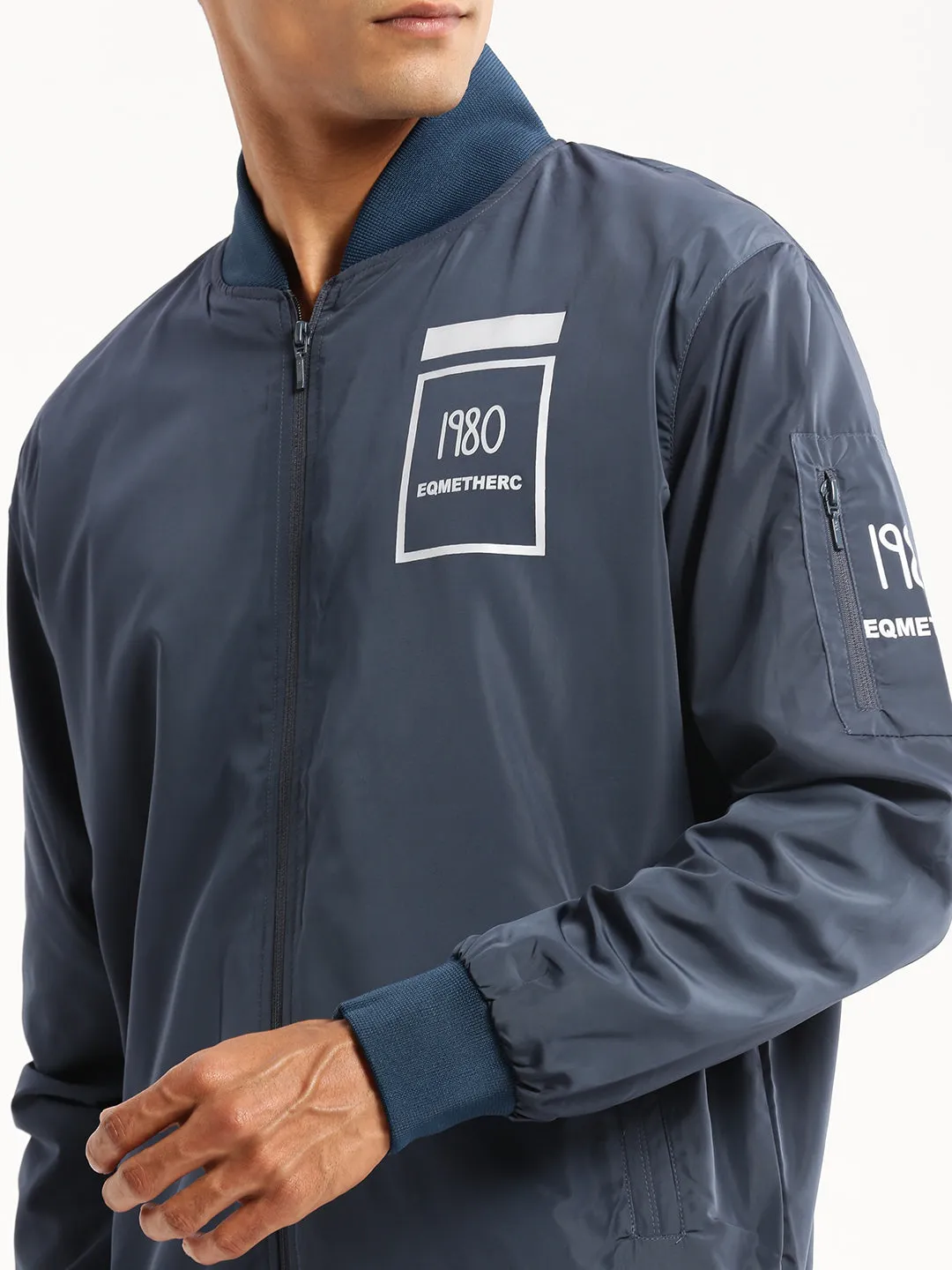 Men Teal Mock Collar Bomber Jacket