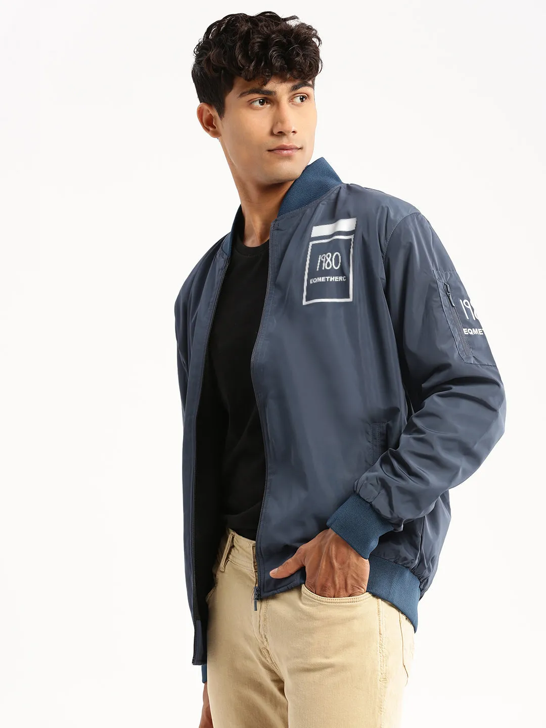 Men Teal Mock Collar Bomber Jacket
