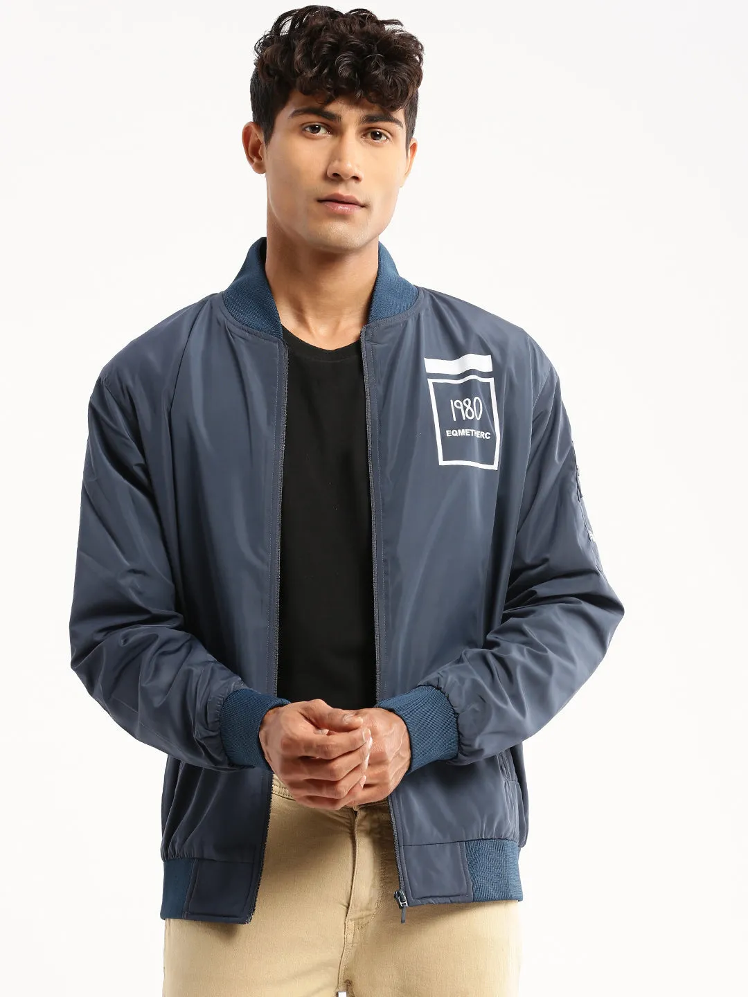 Men Teal Mock Collar Bomber Jacket