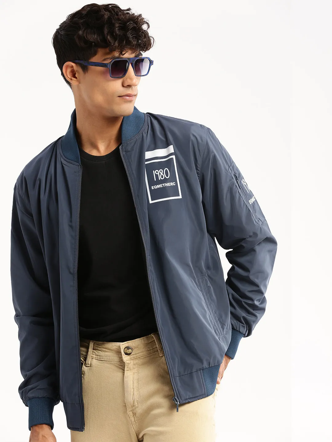 Men Teal Mock Collar Bomber Jacket