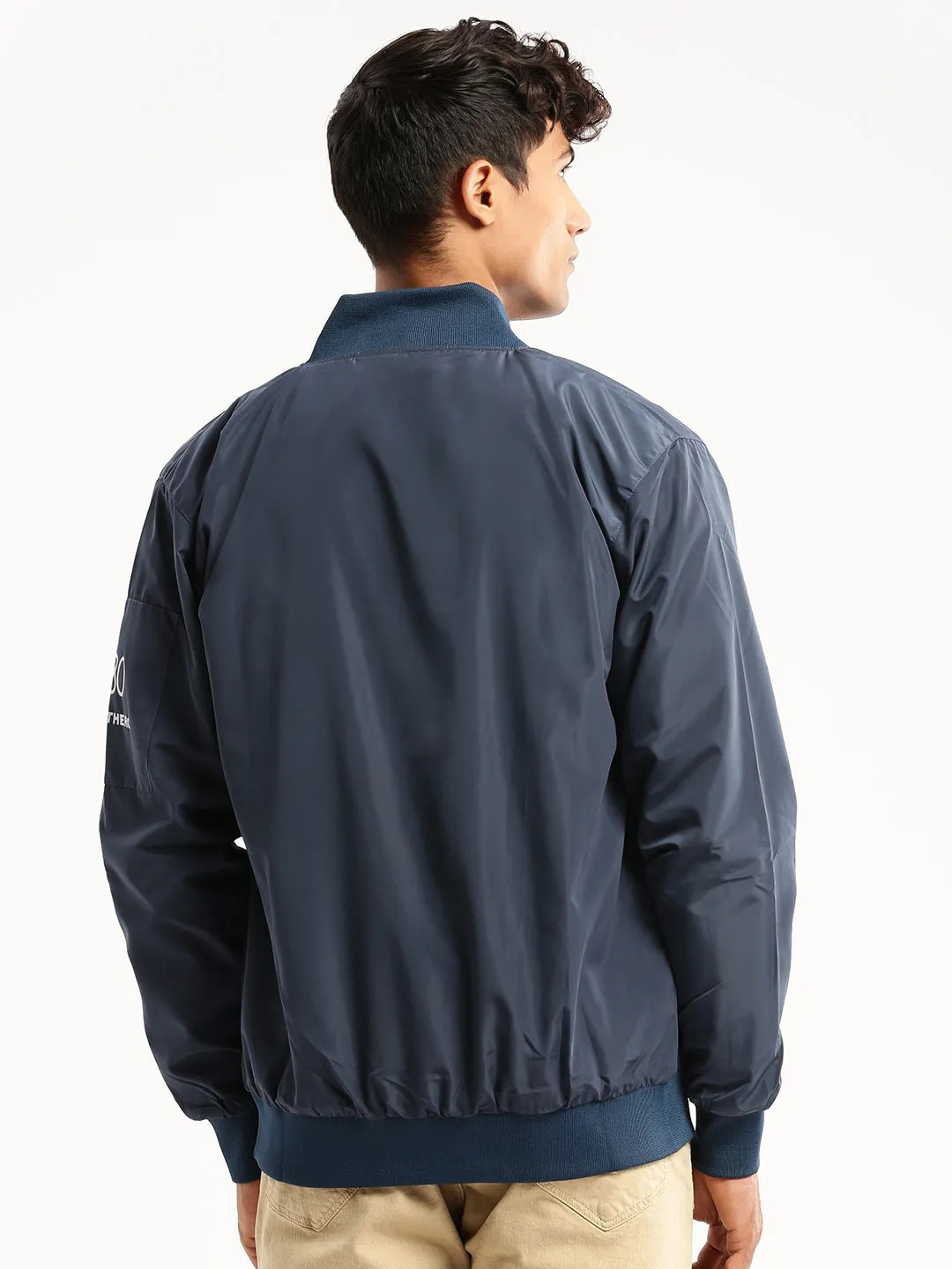 Men Teal Mock Collar Bomber Jacket
