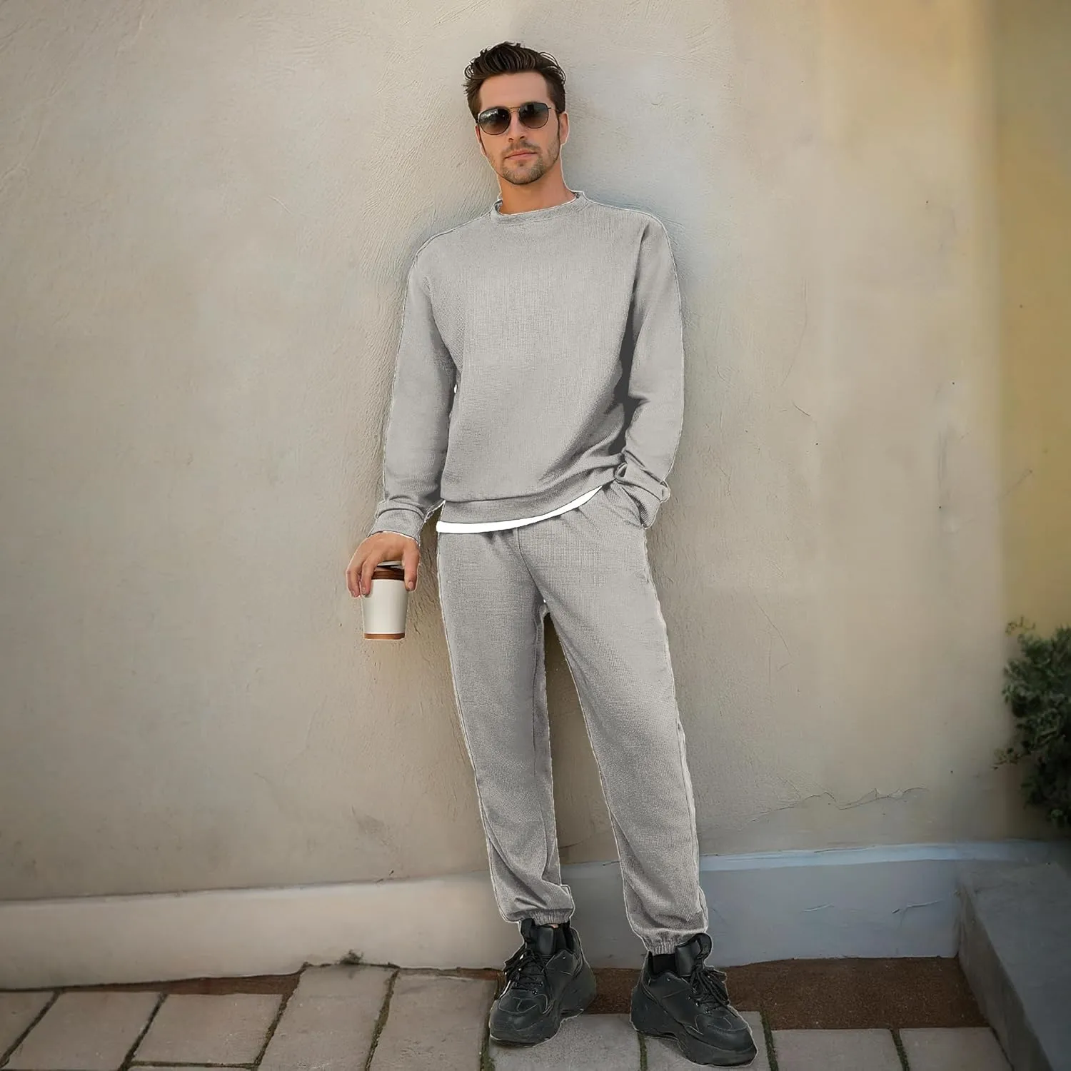 Men Tracksuit 2 Piece Long Sleeve Pullover Outfits Casual Sweatshirt & Jogging Sport Suit Sets with Pockets
