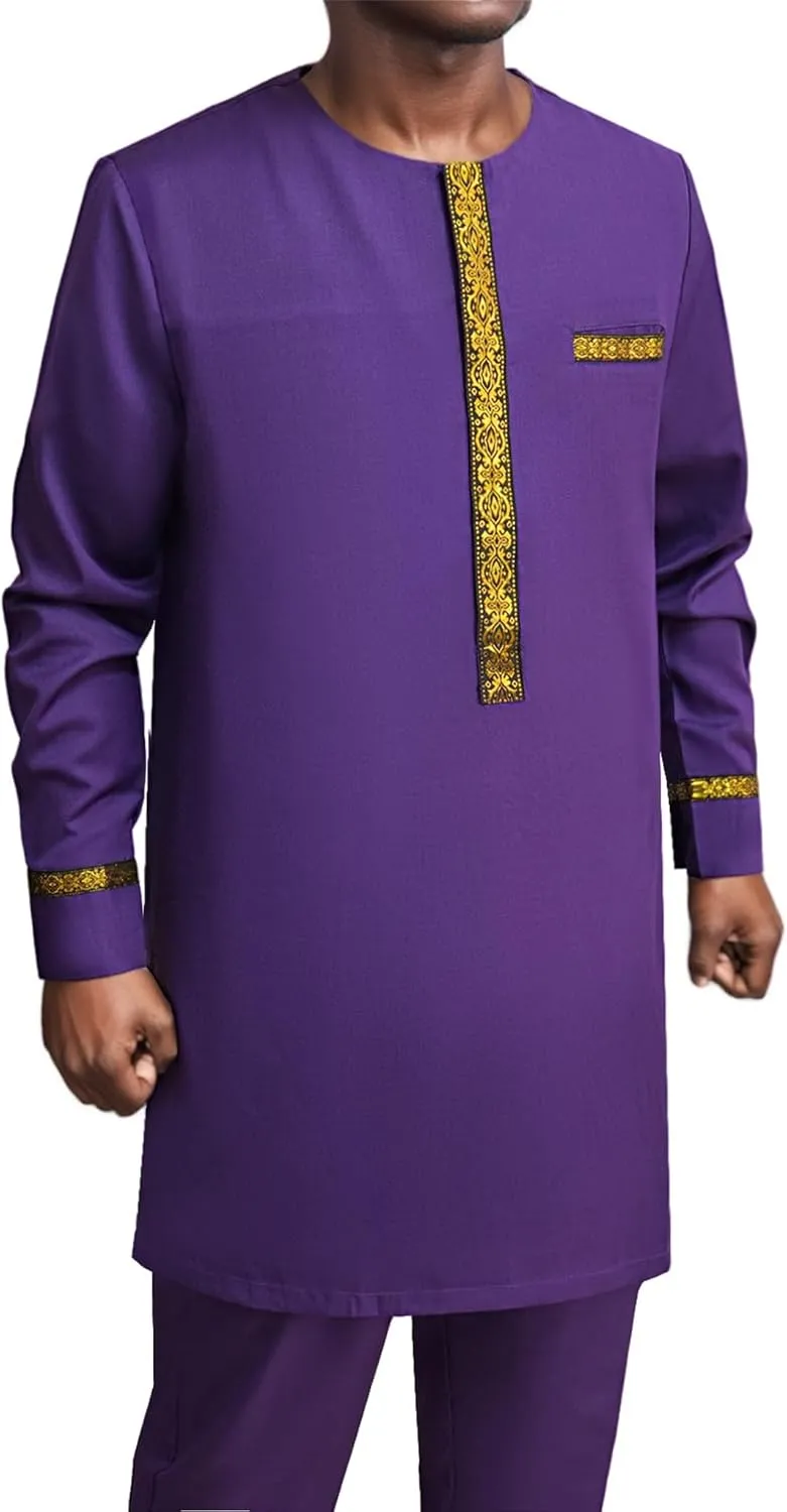 Men's African Dashiki Formal Suit Long Sleeve Shirt and Pant Two Piece Set Traditional Tribal Outfits