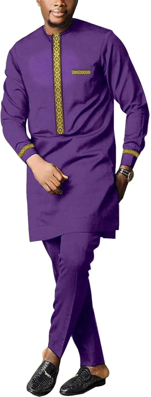 Men's African Dashiki Formal Suit Long Sleeve Shirt and Pant Two Piece Set Traditional Tribal Outfits