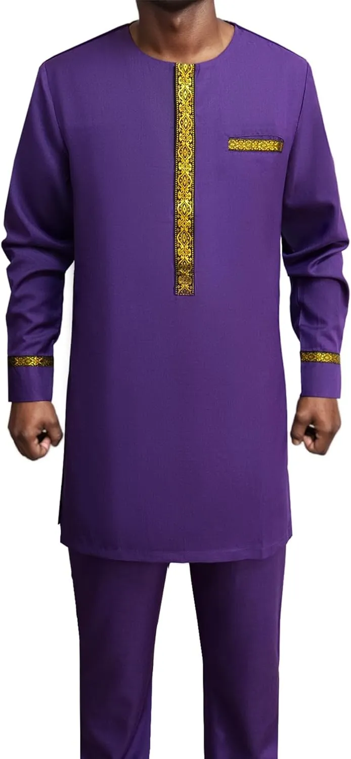 Men's African Dashiki Formal Suit Long Sleeve Shirt and Pant Two Piece Set Traditional Tribal Outfits
