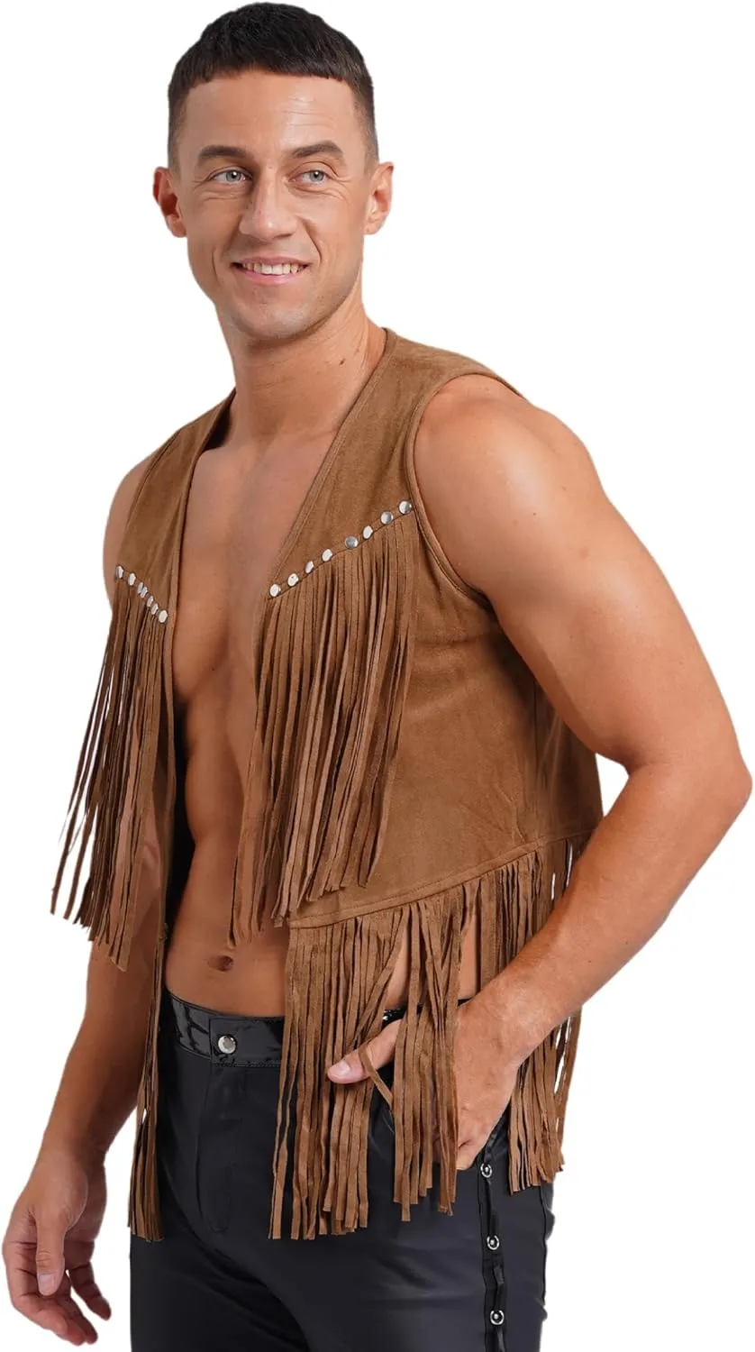 Men's Cowboy Western Suede Leather Tassel Sleeveless Vest Jacket Gothic Waistcoat Coat