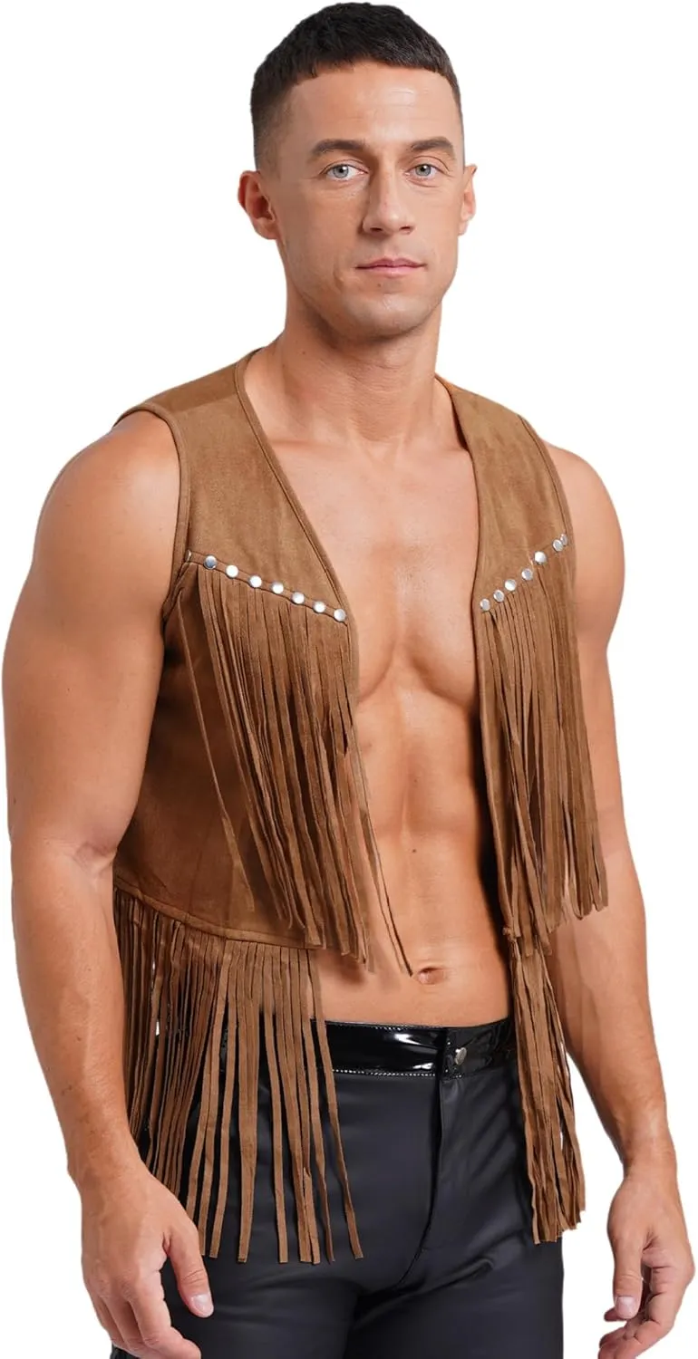 Men's Cowboy Western Suede Leather Tassel Sleeveless Vest Jacket Gothic Waistcoat Coat