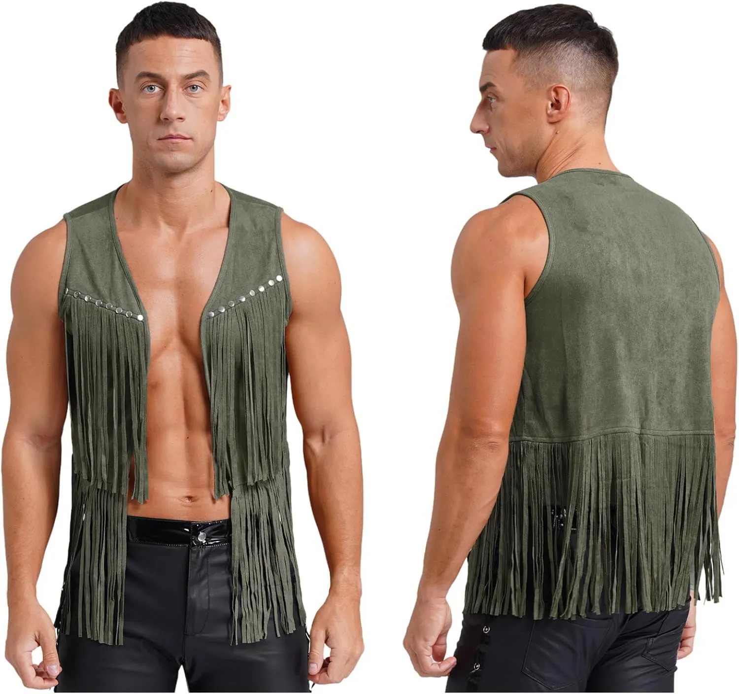 Men's Cowboy Western Suede Leather Tassel Sleeveless Vest Jacket Gothic Waistcoat Coat