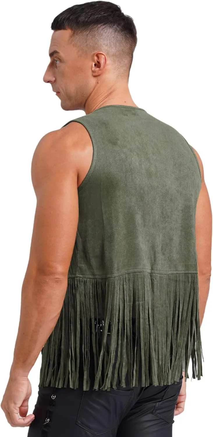 Men's Cowboy Western Suede Leather Tassel Sleeveless Vest Jacket Gothic Waistcoat Coat