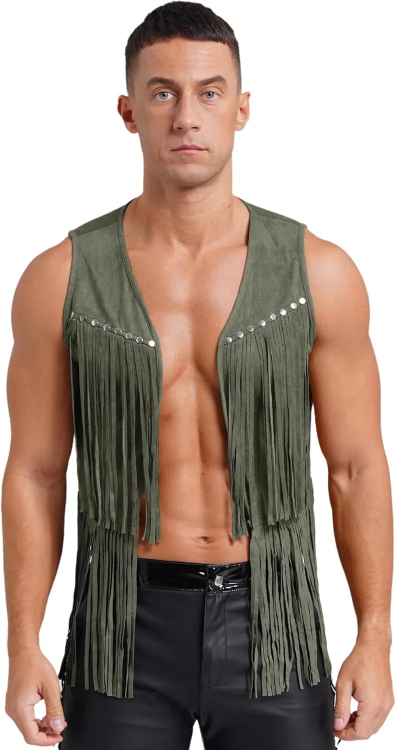 Men's Cowboy Western Suede Leather Tassel Sleeveless Vest Jacket Gothic Waistcoat Coat