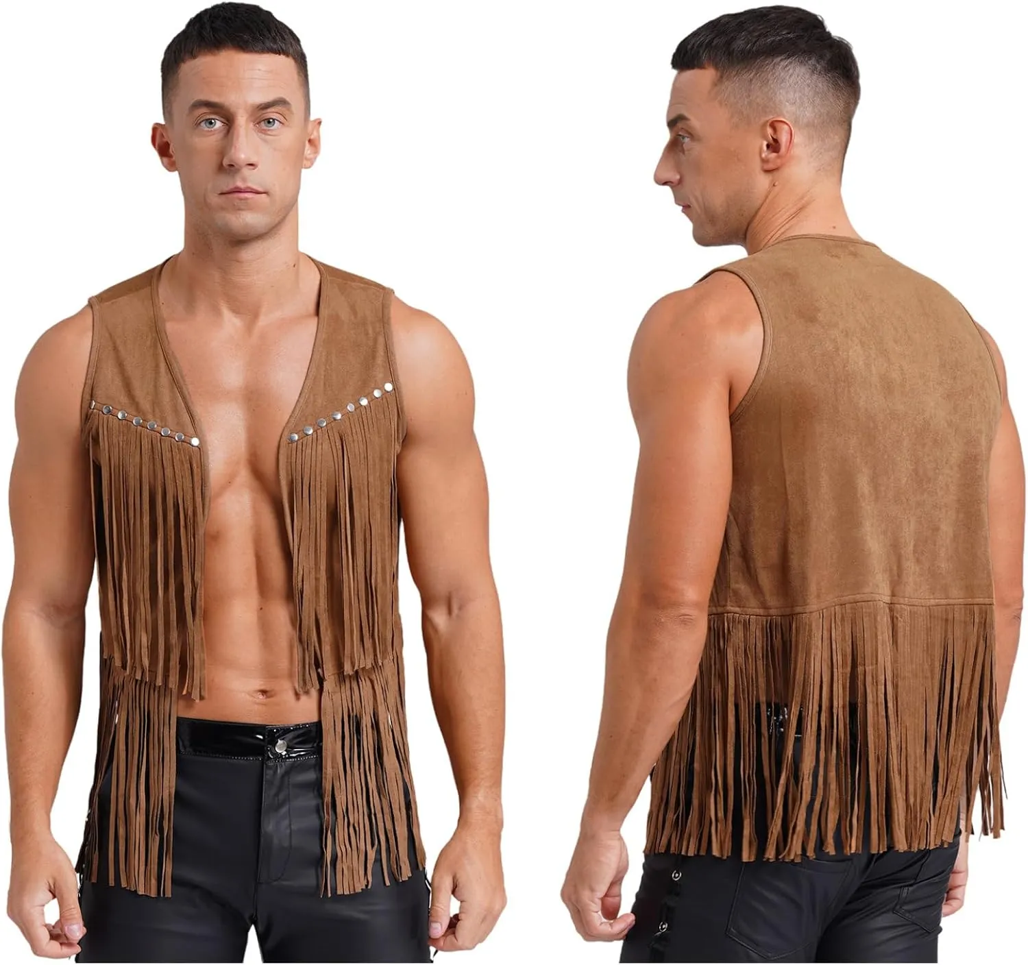 Men's Cowboy Western Suede Leather Tassel Sleeveless Vest Jacket Gothic Waistcoat Coat