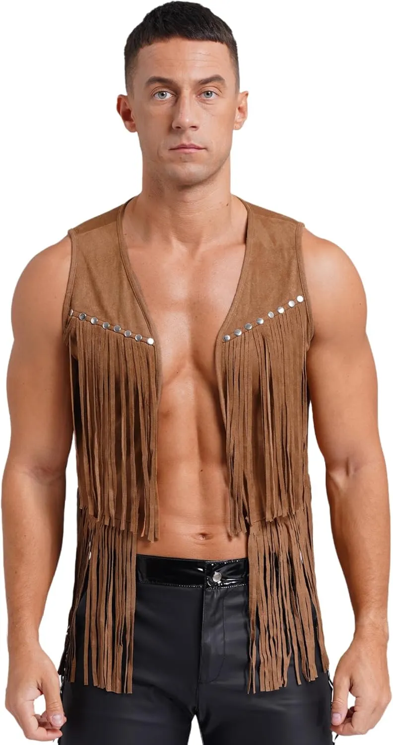 Men's Cowboy Western Suede Leather Tassel Sleeveless Vest Jacket Gothic Waistcoat Coat