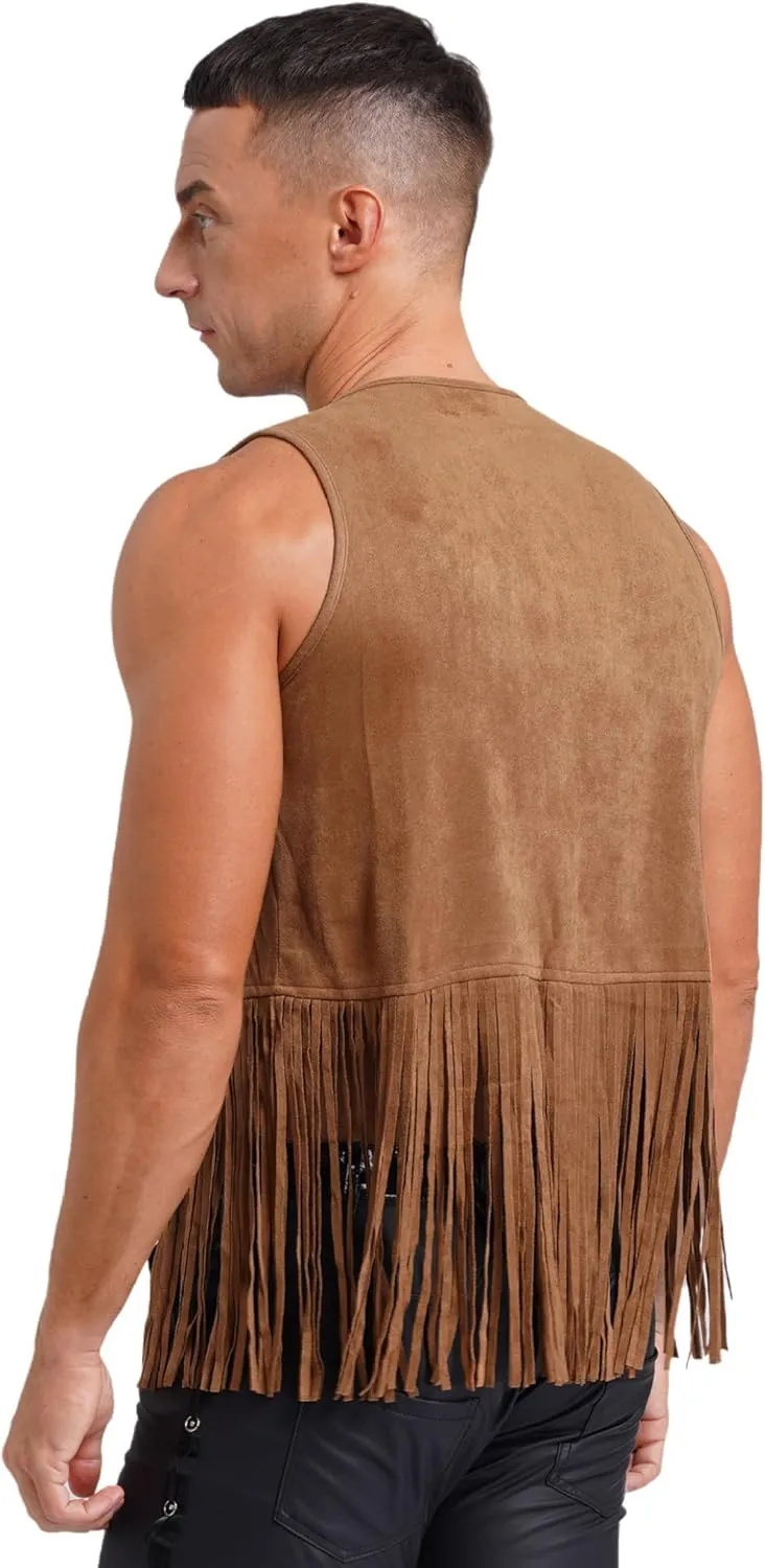 Men's Cowboy Western Suede Leather Tassel Sleeveless Vest Jacket Gothic Waistcoat Coat