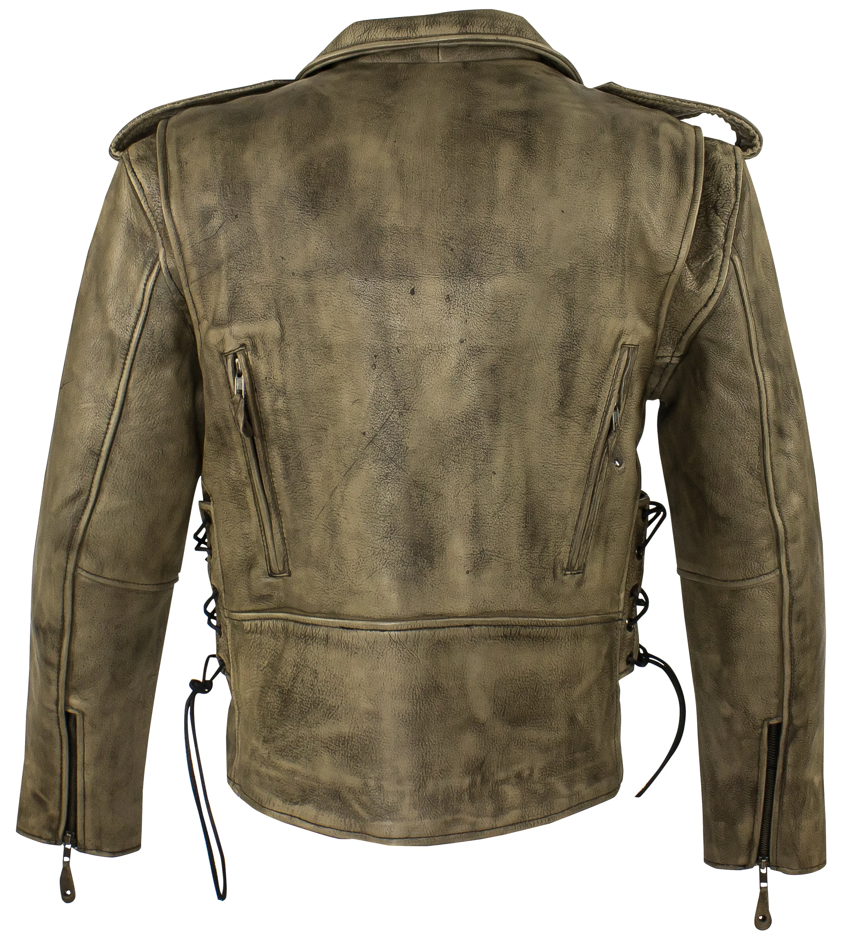 Mens Distressed Brown Leather Motorcycle Jacket With Black Leather Side Laces