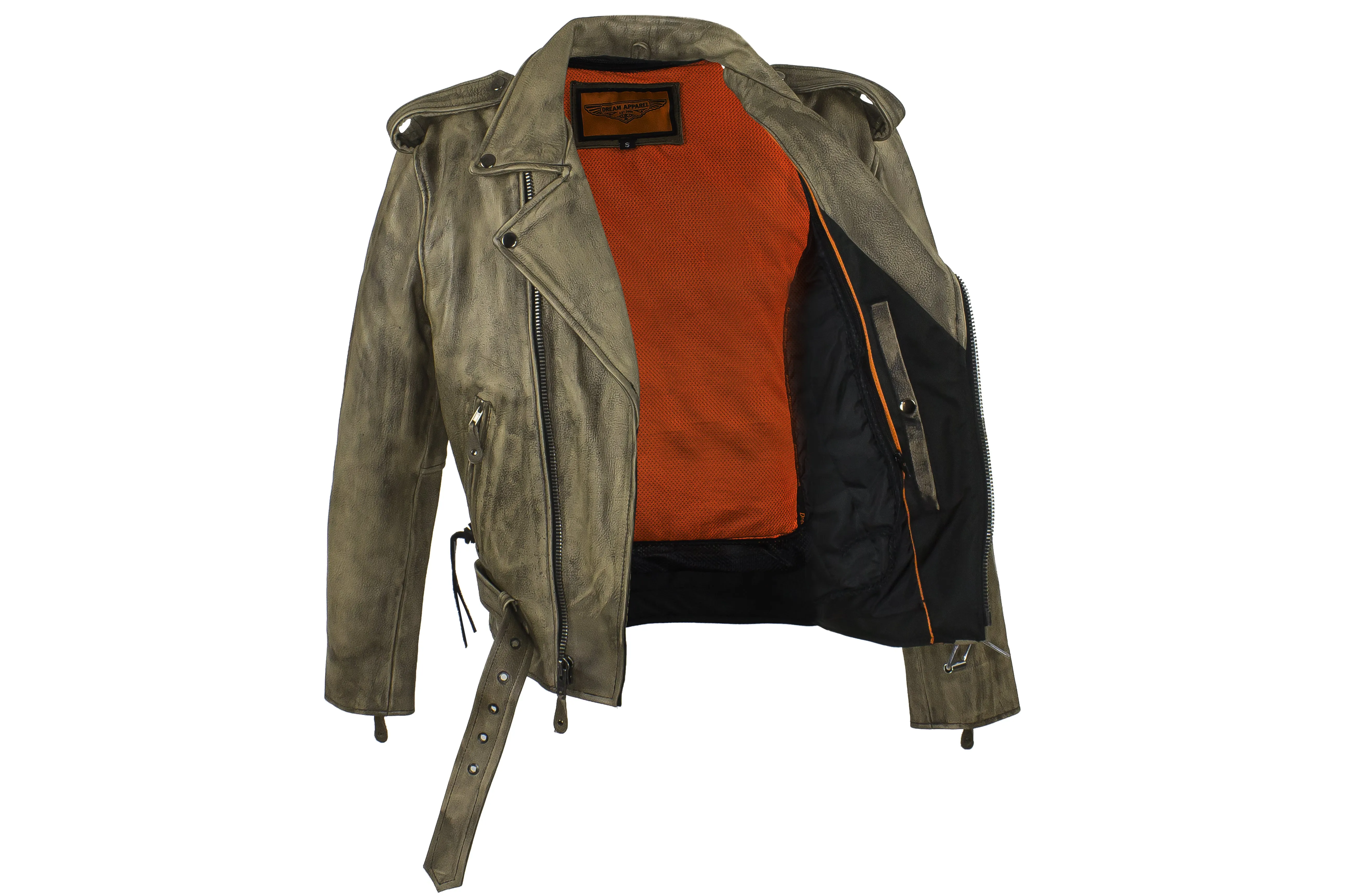 Mens Distressed Brown Leather Motorcycle Jacket With Black Leather Side Laces