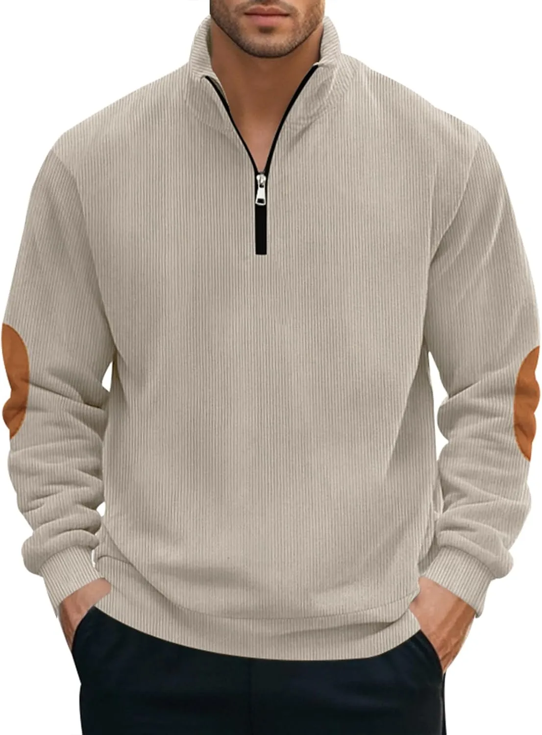 Men's Quarter Zipper Pullover Corduroy Crew Neck Sweatshirt Spring Autumn Casual Knit Long Sleeve Polo Shirt