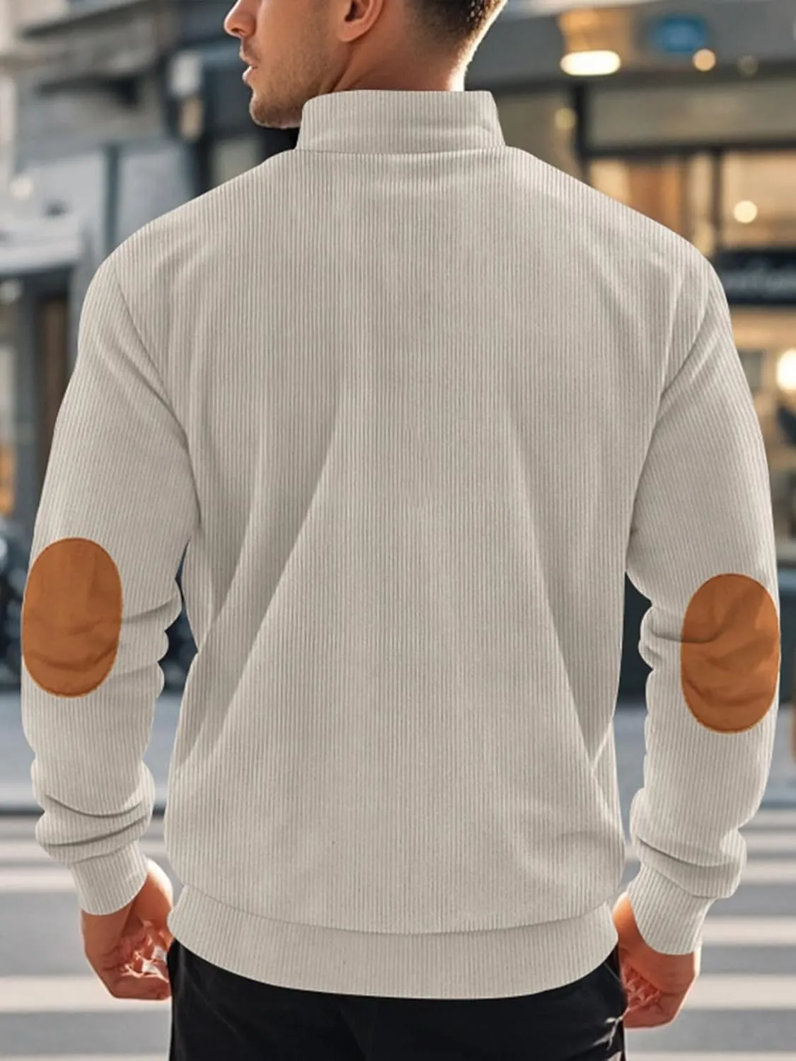 Men's Quarter Zipper Pullover Corduroy Crew Neck Sweatshirt Spring Autumn Casual Knit Long Sleeve Polo Shirt
