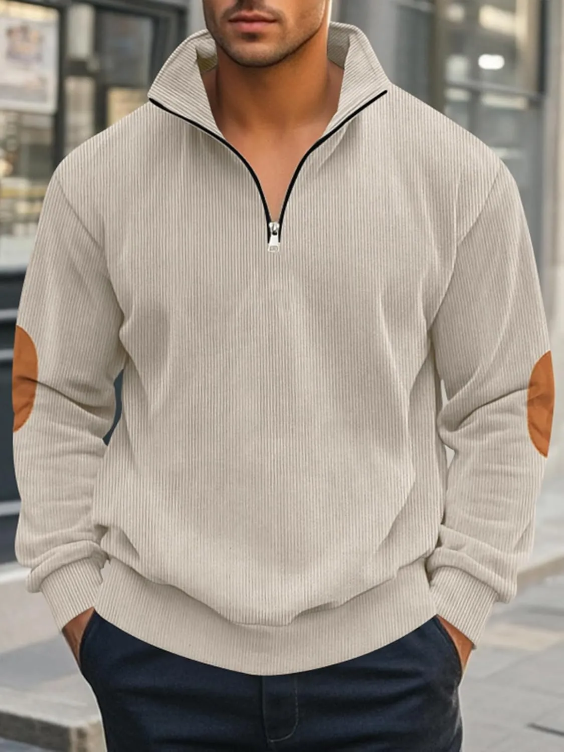 Men's Quarter Zipper Pullover Corduroy Crew Neck Sweatshirt Spring Autumn Casual Knit Long Sleeve Polo Shirt
