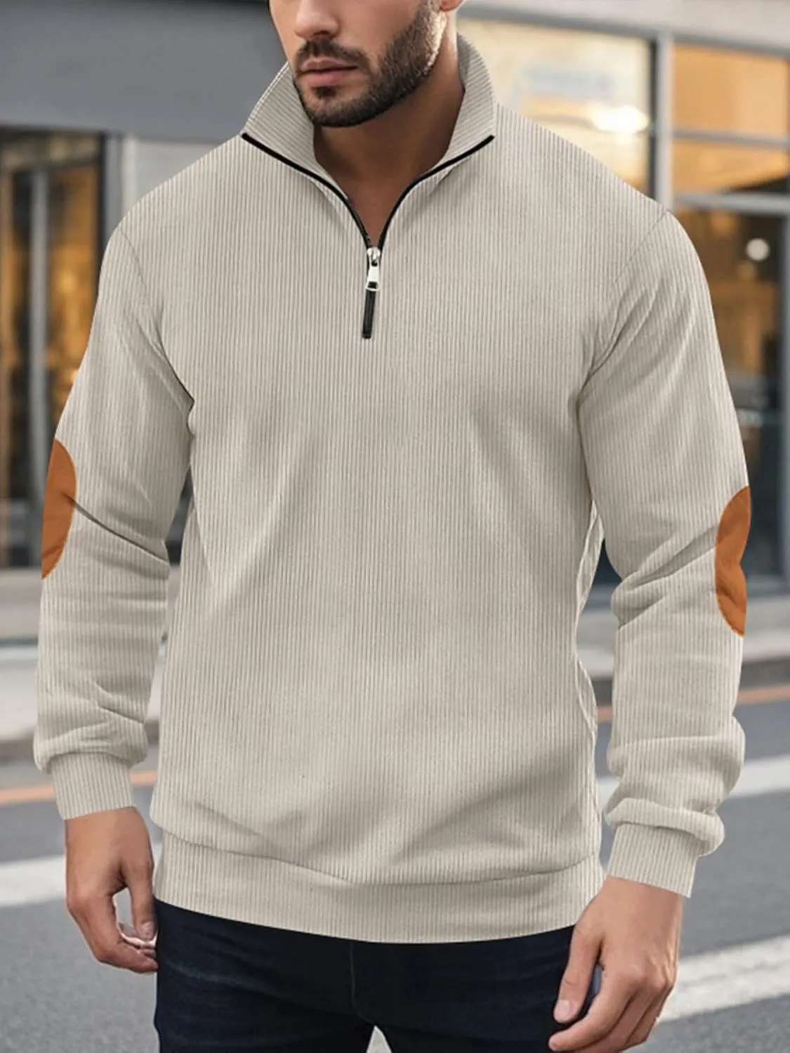 Men's Quarter Zipper Pullover Corduroy Crew Neck Sweatshirt Spring Autumn Casual Knit Long Sleeve Polo Shirt