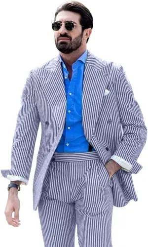 Men's Striped Seersucker Suits 2 Piece Slim Fit Wedding Tuxedo Summer Beach Leisure Suits Sets
