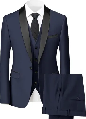 Mens Suit 3 Piece Slim Fit Suit for Men One Button Shawl Lapel Tuxedo Blazer Vest Pant for Wedding Business Prom