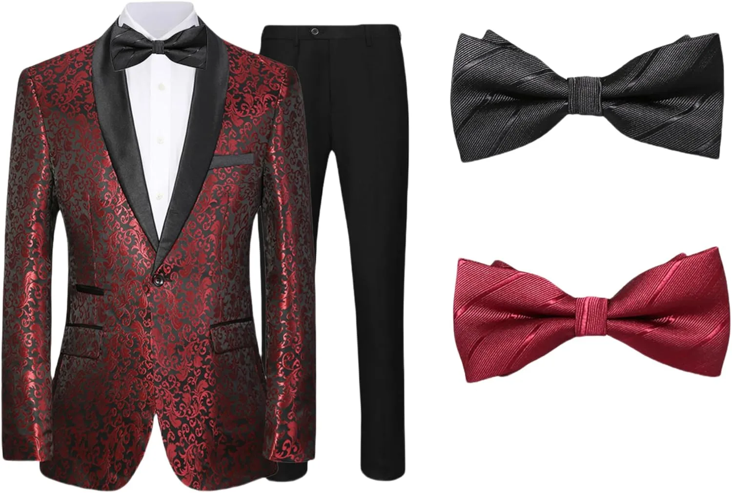 Mens Suit Set 4 Piece Floral Tuxedo for Men Wedding Suit Prom Party Dinner Jacket and Pants Set with Two Bow-Ties